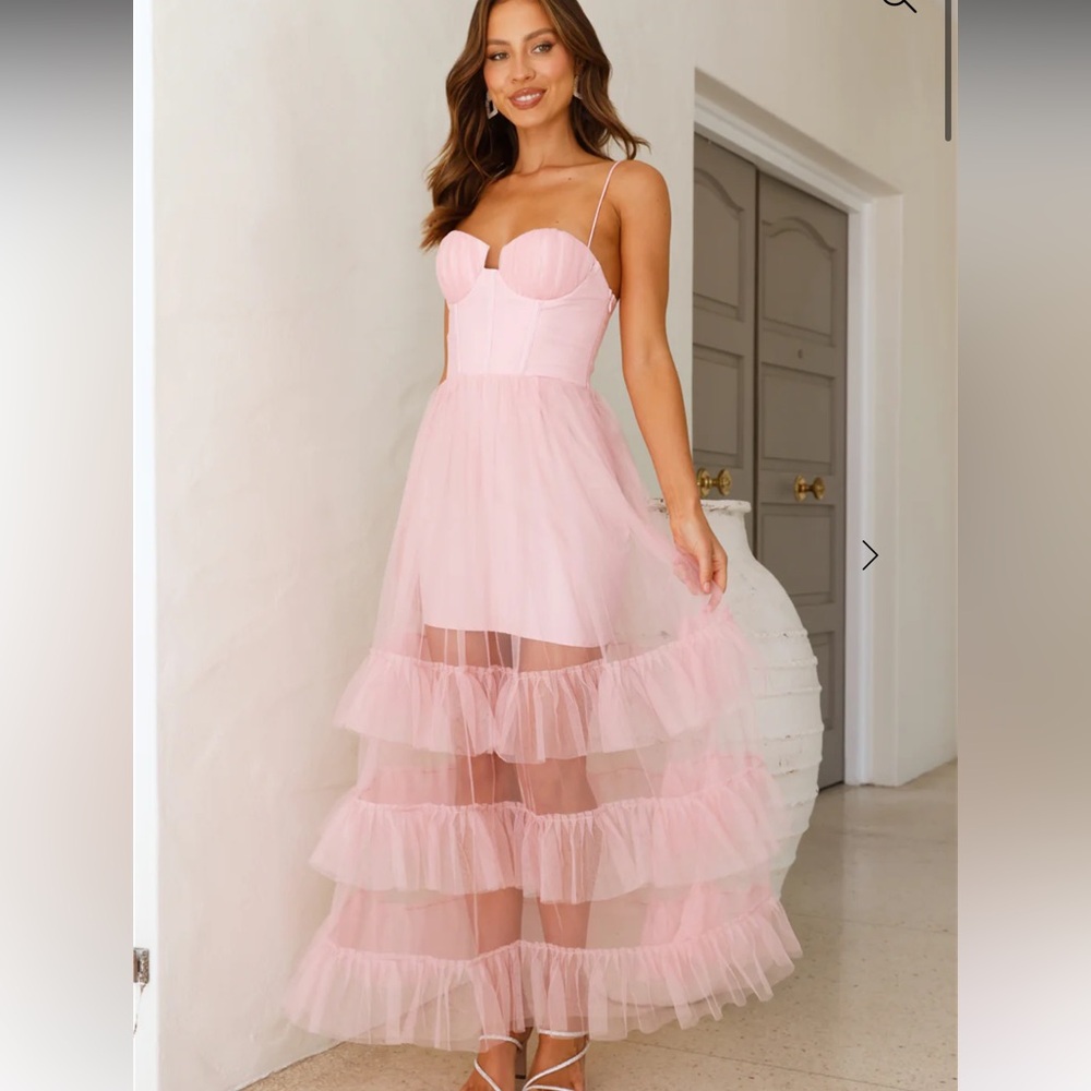 Selfie Leslie Moonlight Sonata Ruffle Mesh Maxi Dress in Pale Pink